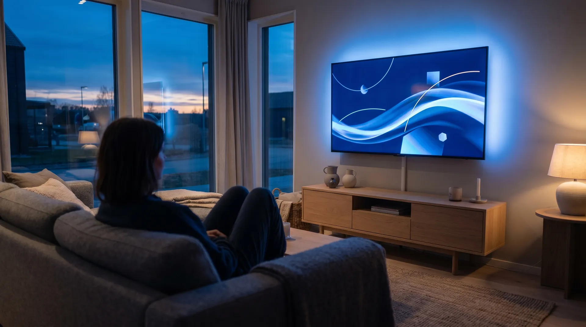 Person som tittar på TV via en streamingtjänst i ett vardagsrum